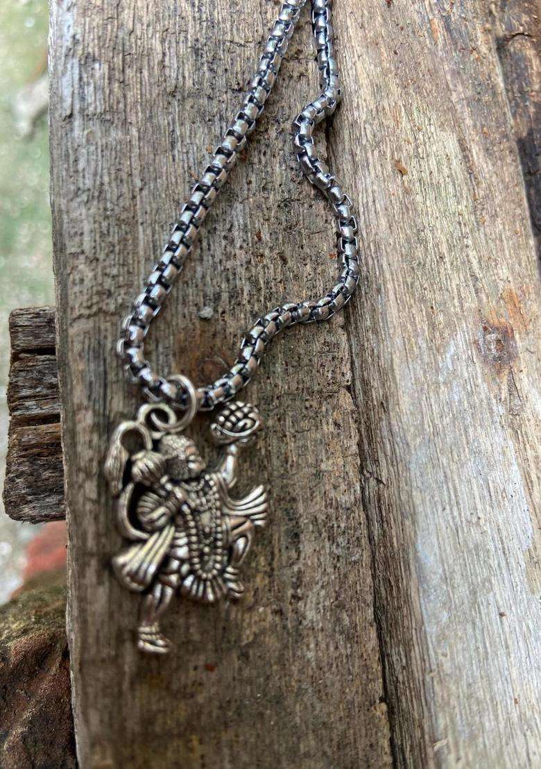 Adult Rhodium-Plated Hanuman Pendant with Chain for Men & Women | Traditional Temple Jewellery for Wedding & Festive Wear | Festive Gift - Indya