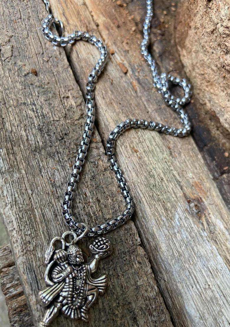 Adult Rhodium-Plated Hanuman Pendant with Chain for Men & Women | Traditional Temple Jewellery for Wedding & Festive Wear | Festive Gift - Indya