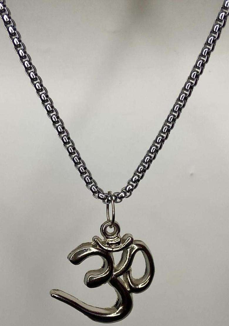 Rhodium-Plated Silver Om Pendant with Chain for Men & Women | Traditional Temple Jewellery for Wedding & Festive Wear | Festive Gift - Indya