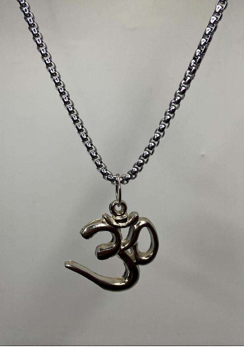 Rhodium-Plated Silver Om Pendant with Chain for Men & Women | Traditional Temple Jewellery for Wedding & Festive Wear | Festive Gift - Indya