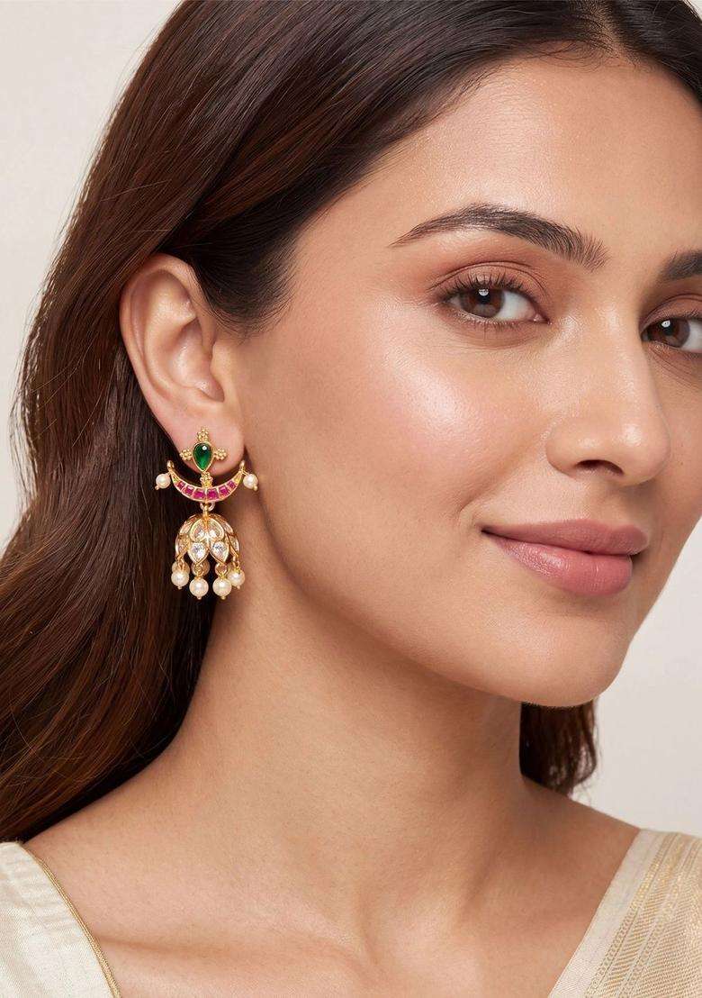 Geometric Jhumkas Earrings with Pearl for Women | Traditional Temple Jewellery for Wedding & Festive Wear | Gift for Her - Indya
