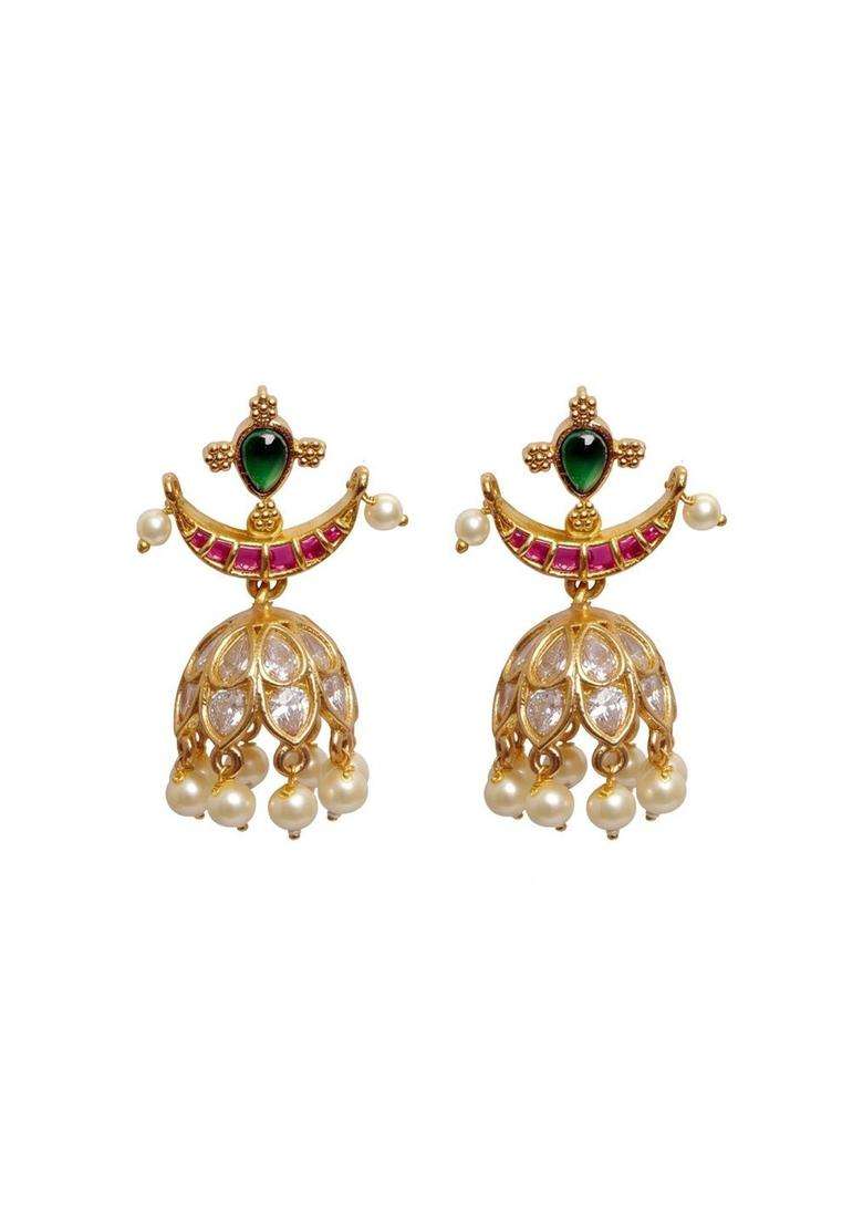 Geometric Jhumkas Earrings with Pearl for Women | Traditional Temple Jewellery for Wedding & Festive Wear | Gift for Her - Indya