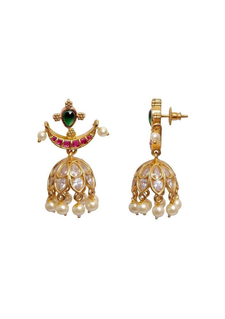 Geometric Jhumkas Earrings with Pearl for Women | Traditional Temple Jewellery for Wedding & Festive Wear | Gift for Her - Indya