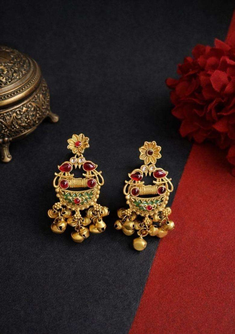 Gold-Plated Contemporary Drop Earrings with Kundan for Women | Traditional Temple Jewellery for Wedding & Festive Wear | Gift for Her - Indya