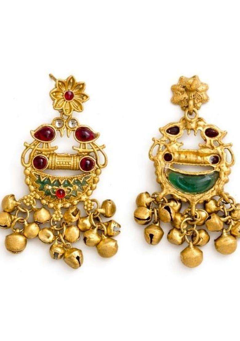 Gold-Plated Contemporary Drop Earrings with Kundan for Women | Traditional Temple Jewellery for Wedding & Festive Wear | Gift for Her - Indya