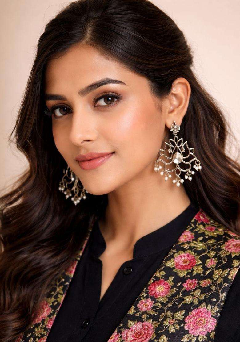 Silver-Plated Floral Drop Earrings with Kundan for Women | Traditional Temple Jewellery for Wedding & Festive Wear | Gift for Her - Indya