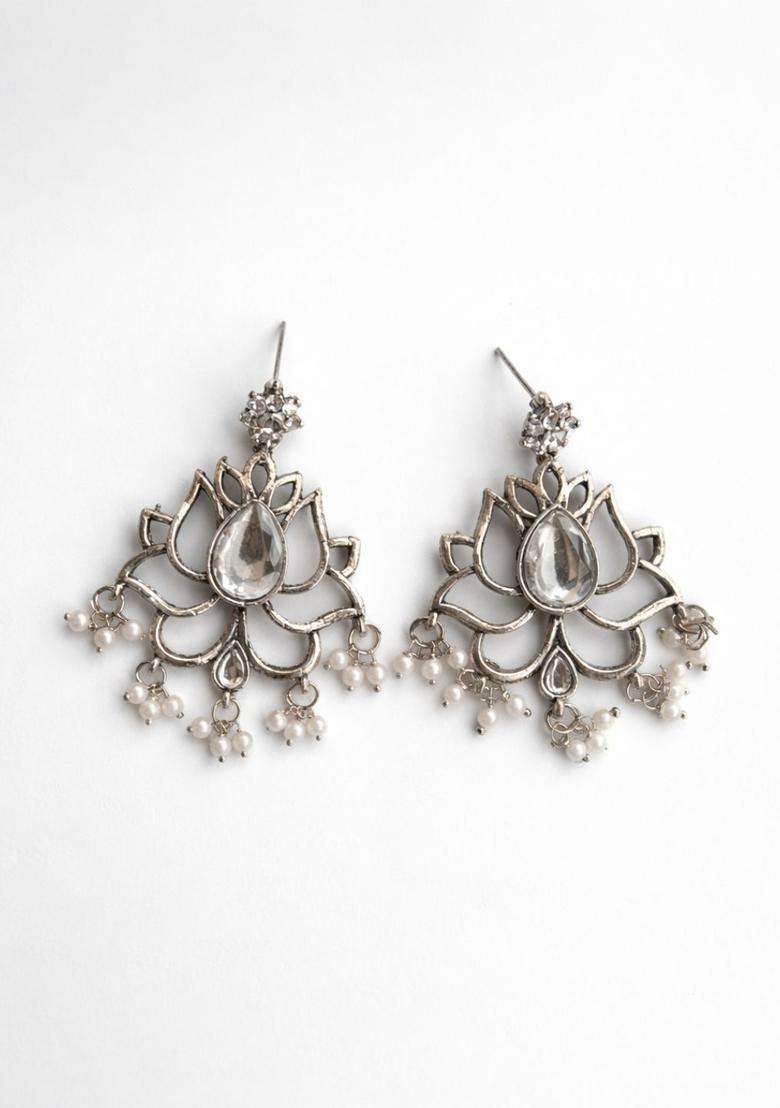 Silver-Plated Floral Drop Earrings with Kundan for Women | Traditional Temple Jewellery for Wedding & Festive Wear | Gift for Her - Indya