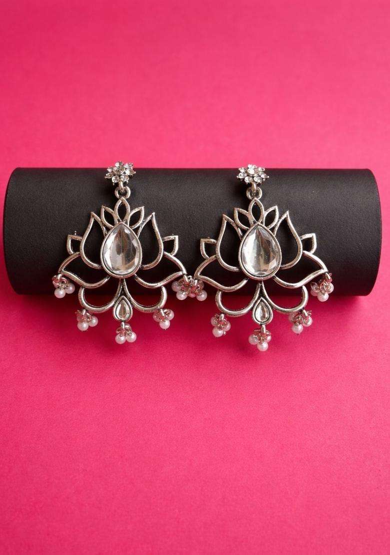 Silver-Plated Floral Drop Earrings with Kundan for Women | Traditional Temple Jewellery for Wedding & Festive Wear | Gift for Her - Indya