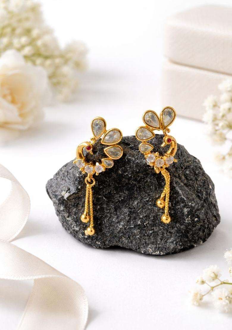 Rose Gold-Plated Peacock Shaped Drop Earrings with American Diamond for Women | Traditional Temple Jewellery for Wedding & Festive Wear | Gift for Her - Indya
