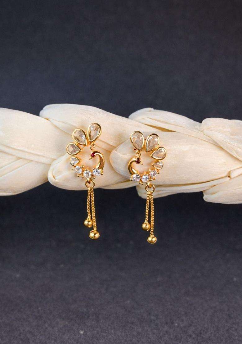 Rose Gold-Plated Peacock Shaped Drop Earrings with American Diamond for Women | Traditional Temple Jewellery for Wedding & Festive Wear | Gift for Her - Indya