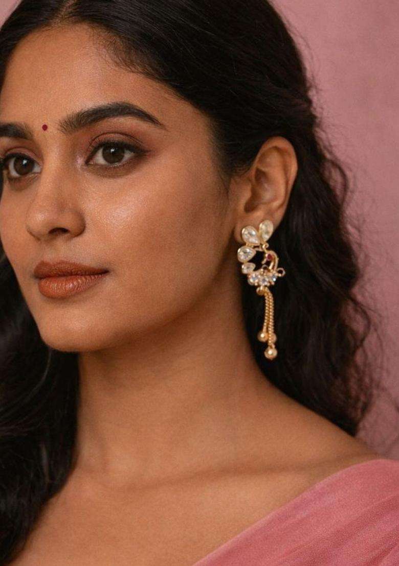 Rose Gold-Plated Peacock Shaped Drop Earrings with American Diamond for Women | Traditional Temple Jewellery for Wedding & Festive Wear | Gift for Her - Indya