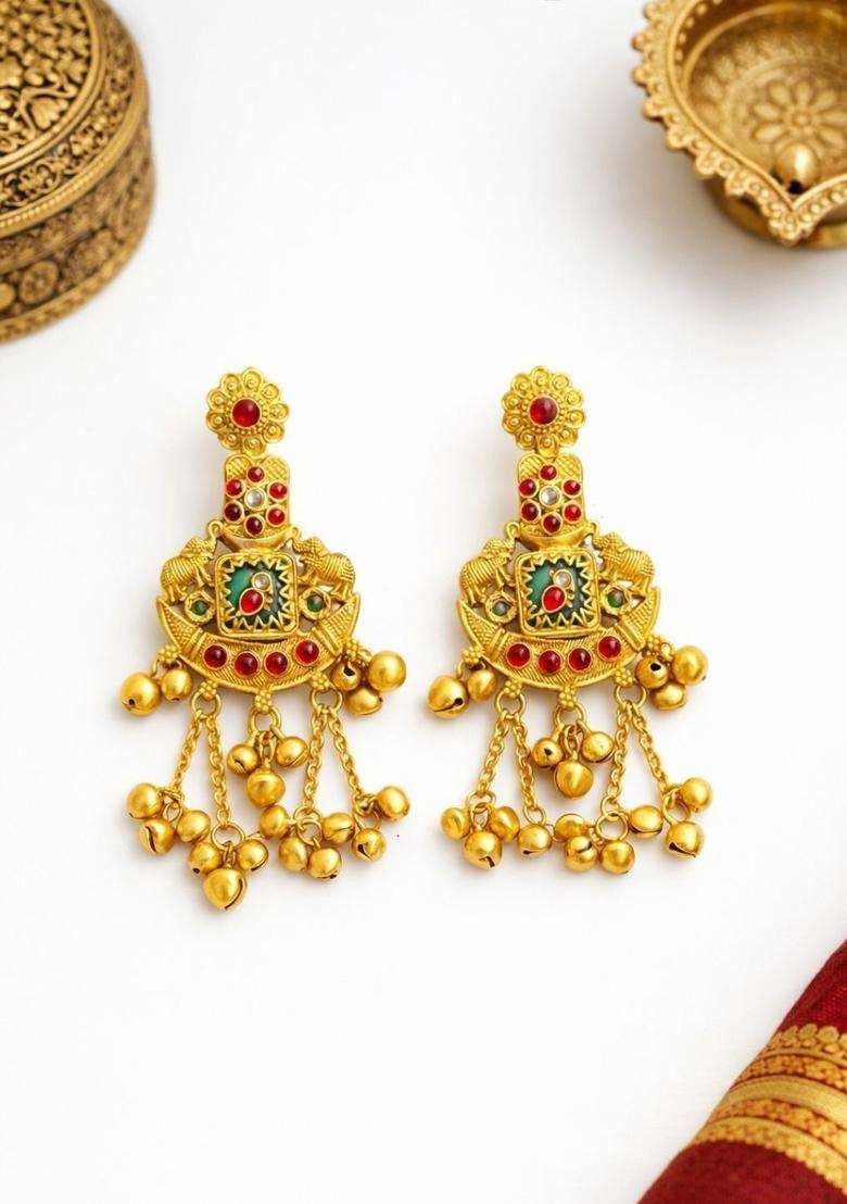 Gold-Plated Geometric Drop Earrings with Kundan for Women | Traditional Temple Jewellery for Wedding & Festive Wear | Gift for Her - Indya