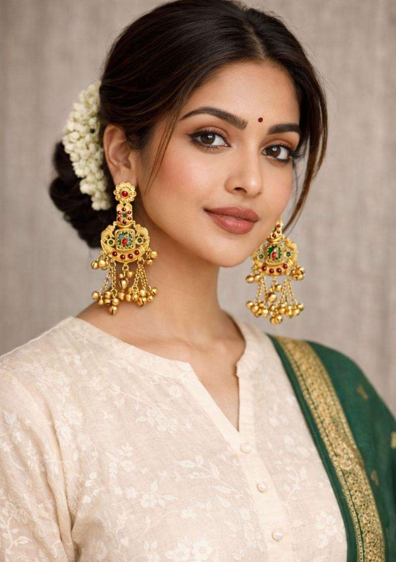Gold-Plated Geometric Drop Earrings with Kundan for Women | Traditional Temple Jewellery for Wedding & Festive Wear | Gift for Her - Indya