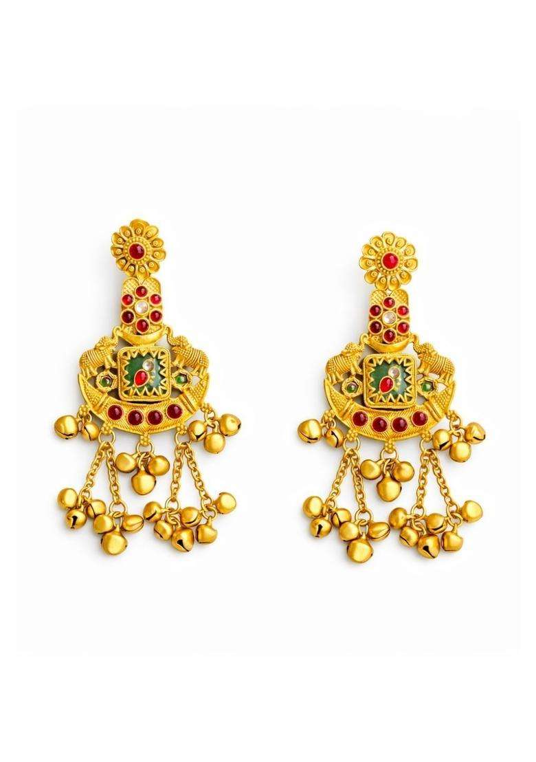 Gold-Plated Geometric Drop Earrings with Kundan for Women | Traditional Temple Jewellery for Wedding & Festive Wear | Gift for Her - Indya