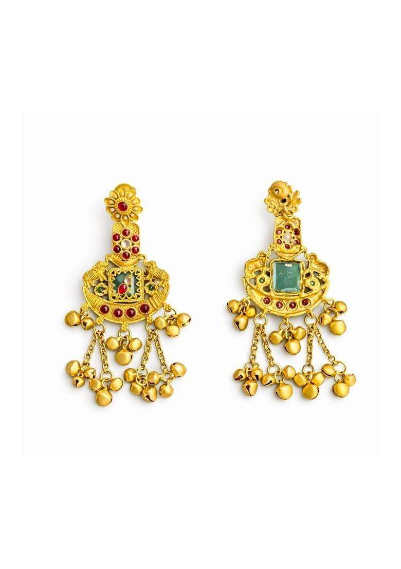 Gold-Plated Geometric Drop Earrings with Kundan for Women | Traditional Temple Jewellery for Wedding & Festive Wear | Gift for Her - Indya