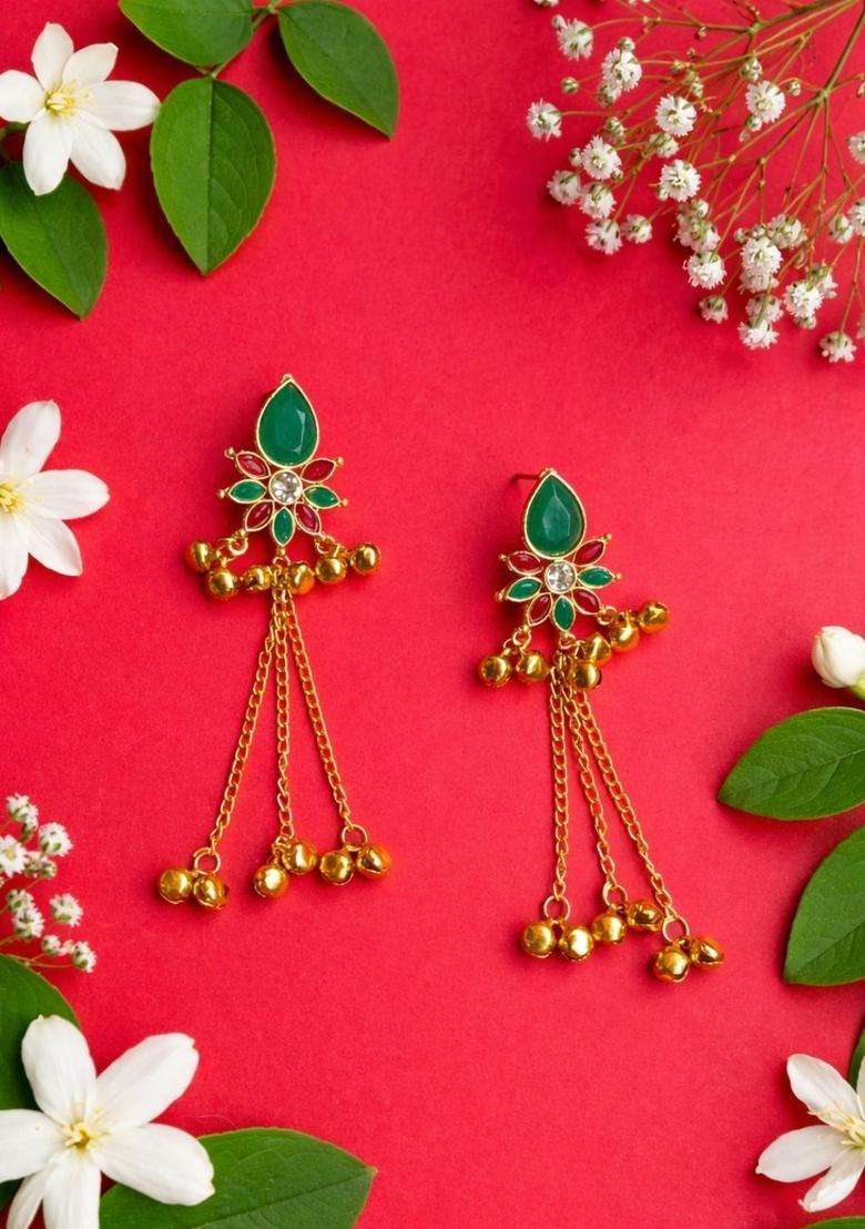 Gold-Plated Floral Drop Earrings with Kundan for Women | Traditional Temple Jewellery for Wedding & Festive Wear | Gift for Her - Indya