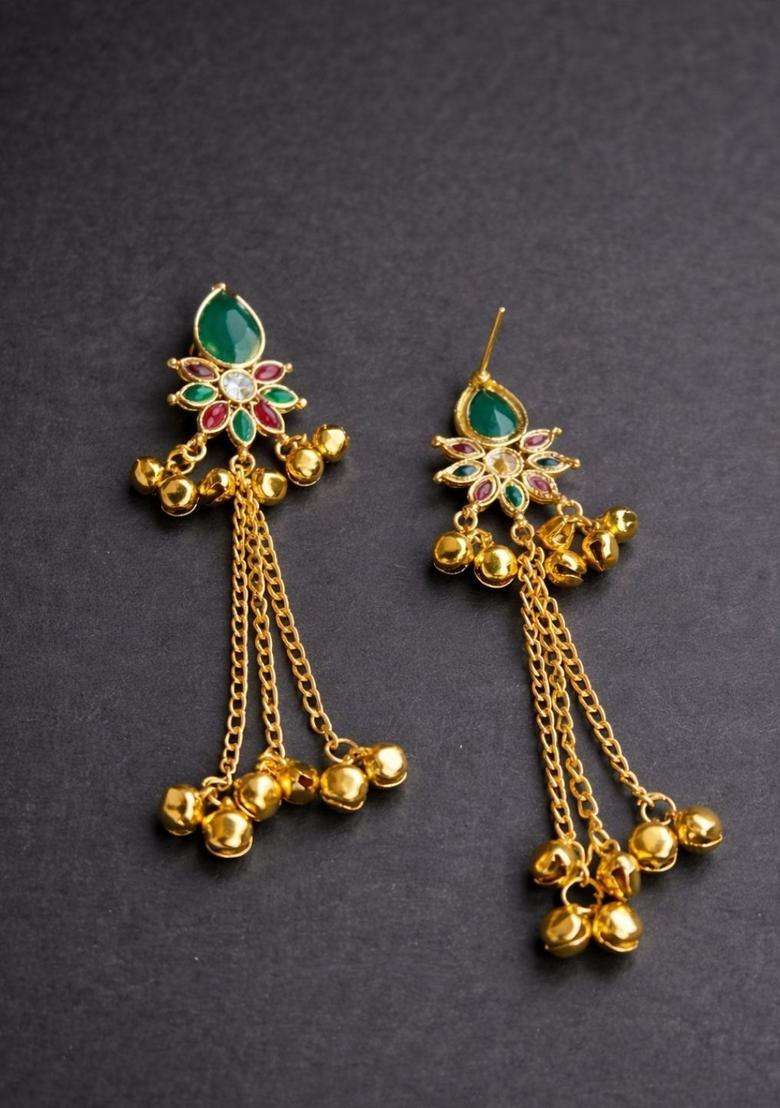 Gold-Plated Floral Drop Earrings with Kundan for Women | Traditional Temple Jewellery for Wedding & Festive Wear | Gift for Her - Indya