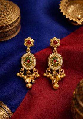 Gold-Plated Floral Drop Earrings with Kundan for Women | Traditional Temple Jewellery for Wedding & Festive Wear | Gift for Her