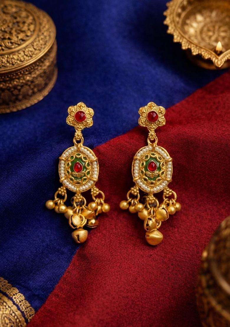 Gold-Plated Floral Drop Earrings with Kundan for Women | Traditional Temple Jewellery for Wedding & Festive Wear | Gift for Her - Indya
