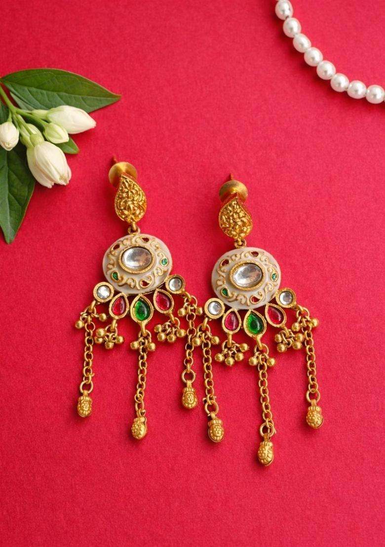Gold-Plated Geometric Drop Earrings with Kundan for Women | Traditional Temple Jewellery for Wedding & Festive Wear | Gift for Her - Indya