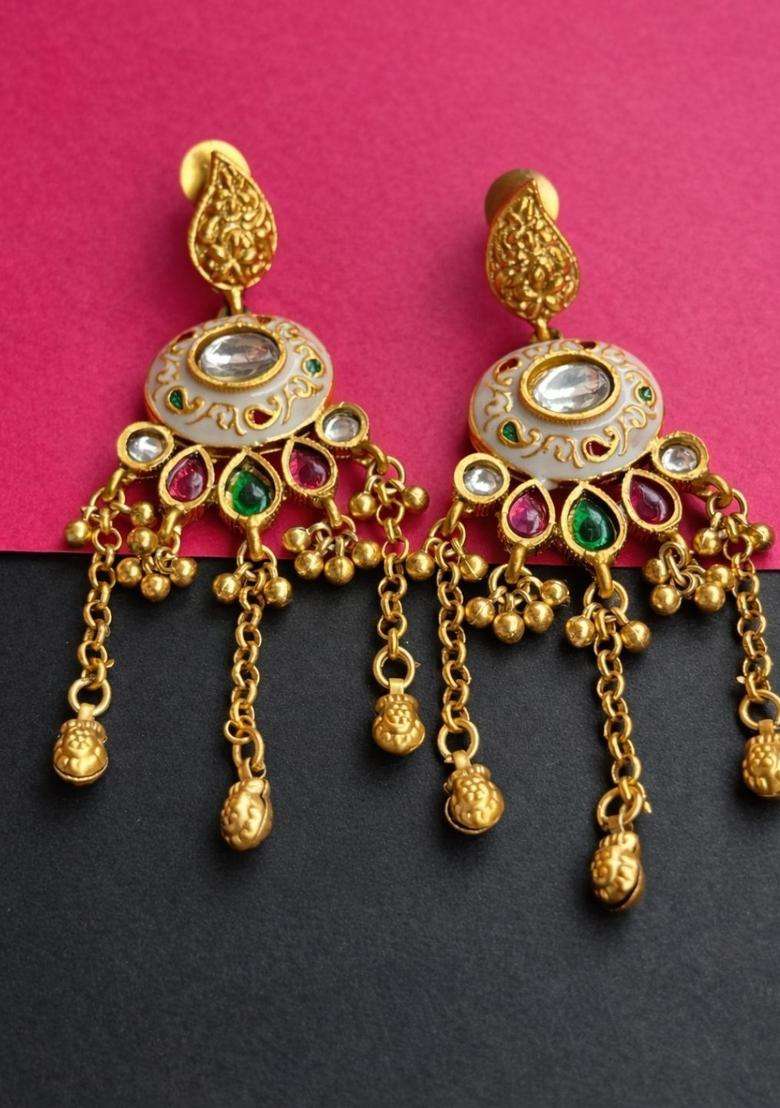 Gold-Plated Geometric Drop Earrings with Kundan for Women | Traditional Temple Jewellery for Wedding & Festive Wear | Gift for Her - Indya