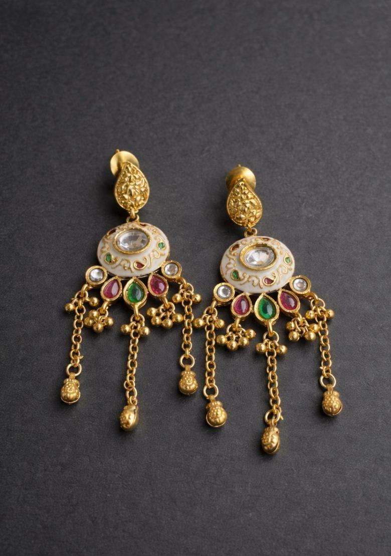 Gold-Plated Geometric Drop Earrings with Kundan for Women | Traditional Temple Jewellery for Wedding & Festive Wear | Gift for Her - Indya