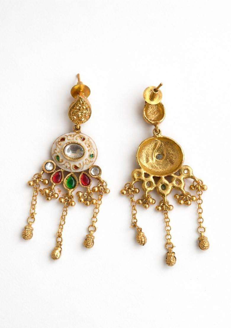Gold-Plated Geometric Drop Earrings with Kundan for Women | Traditional Temple Jewellery for Wedding & Festive Wear | Gift for Her - Indya