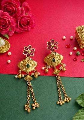 Gold-Plated Floral Drop Earrings with Kundan for Women | Traditional Temple Jewellery for Wedding & Festive Wear | Gift for Her