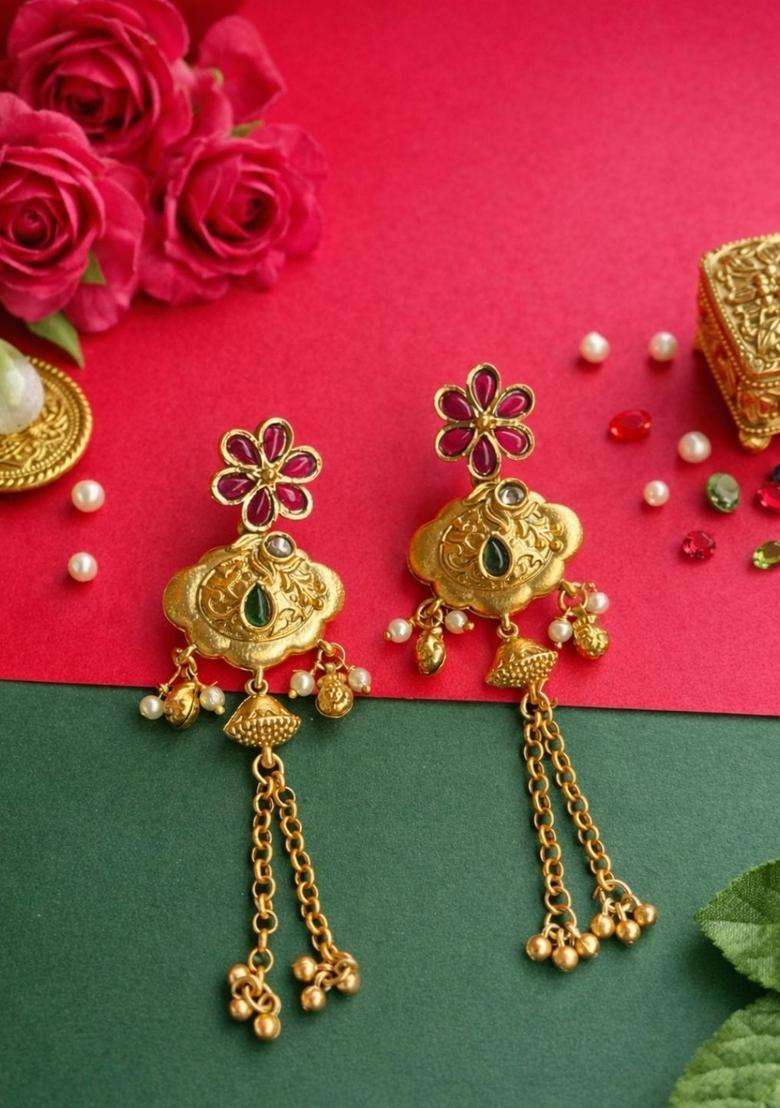 Gold-Plated Floral Drop Earrings with Kundan for Women | Traditional Temple Jewellery for Wedding & Festive Wear | Gift for Her - Indya