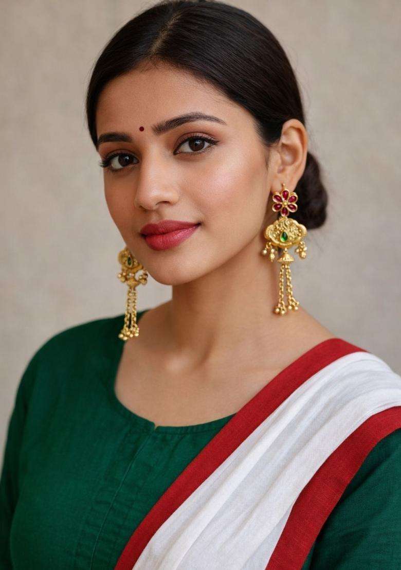 Gold-Plated Floral Drop Earrings with Kundan for Women | Traditional Temple Jewellery for Wedding & Festive Wear | Gift for Her - Indya