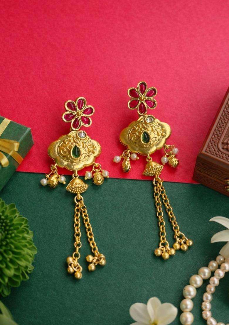 Gold-Plated Floral Drop Earrings with Kundan for Women | Traditional Temple Jewellery for Wedding & Festive Wear | Gift for Her - Indya