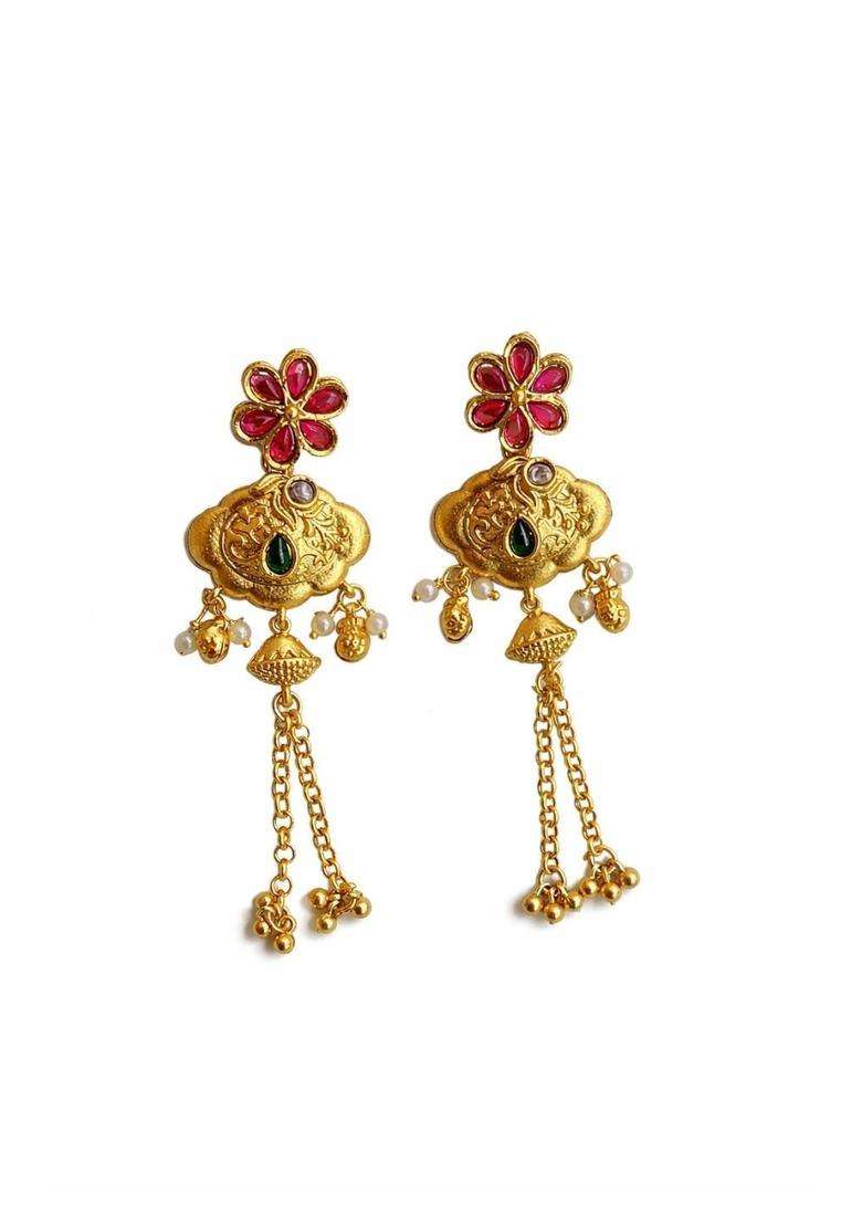 Gold-Plated Floral Drop Earrings with Kundan for Women | Traditional Temple Jewellery for Wedding & Festive Wear | Gift for Her - Indya