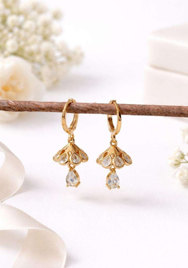 Rose Gold-Plated Floral Drop Earrings with American Diamond for Women | Fusion Party & Festive Wear | Gift for Her - Indya