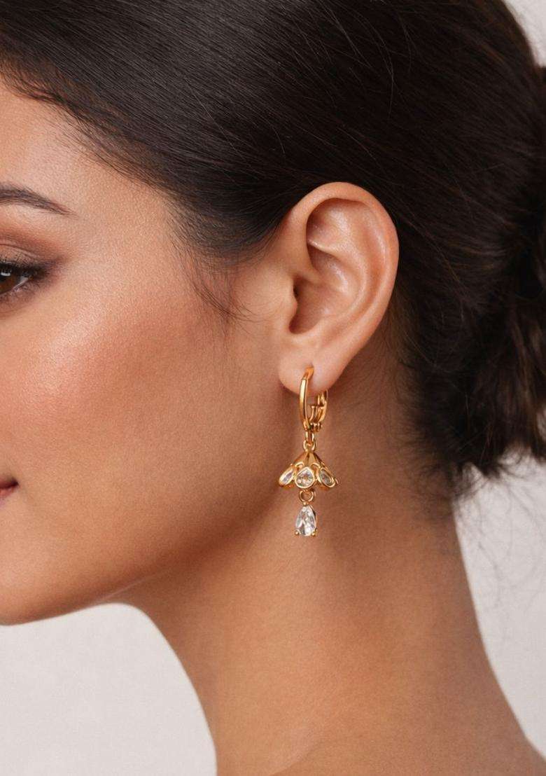 Rose Gold-Plated Floral Drop Earrings with American Diamond for Women | Fusion Party & Festive Wear | Gift for Her - Indya