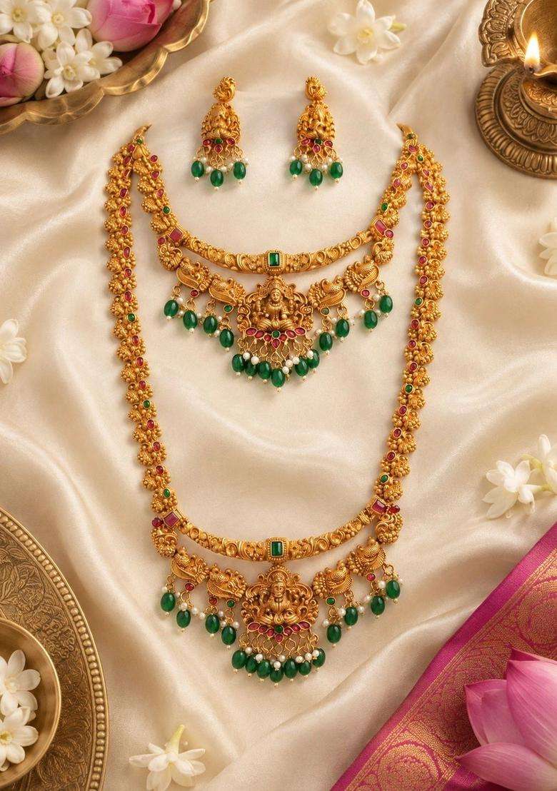 Gold-Plated Temple Stone-Studded Necklace and Earrings for Women | Traditional Temple Jewellery for Wedding & Festive Wear | Gift for Her - Indya