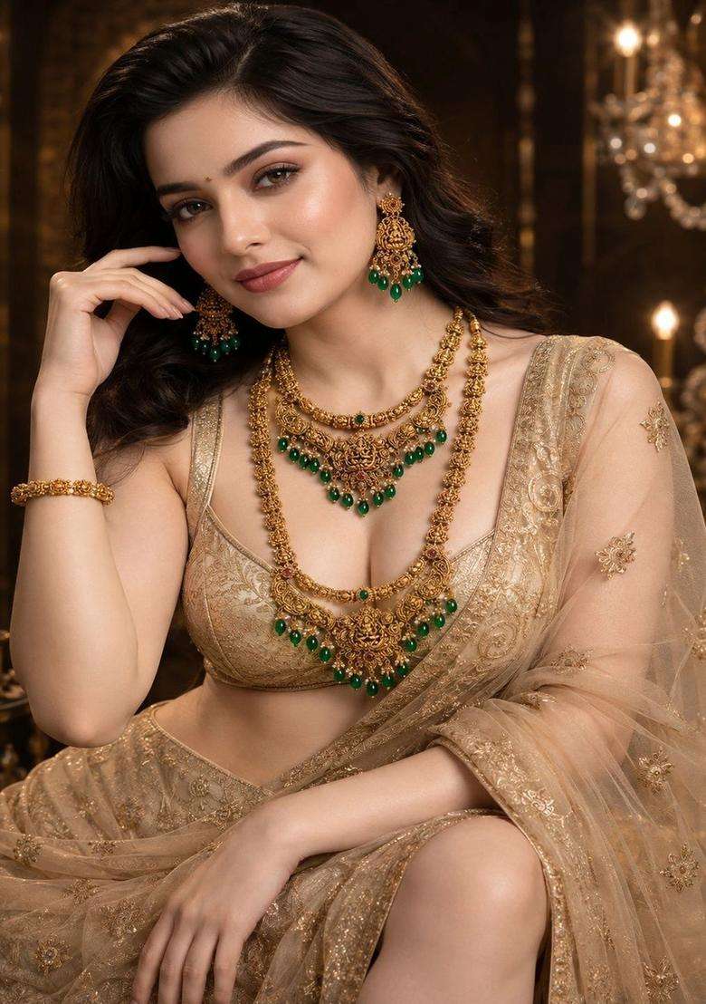 Gold-Plated Temple Stone-Studded Necklace and Earrings for Women | Traditional Temple Jewellery for Wedding & Festive Wear | Gift for Her - Indya
