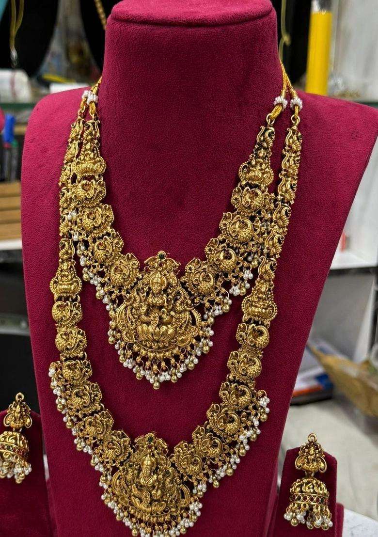 Gold-Plated Temple Necklace and Earrings with Pearl for Women | Traditional Temple Jewellery for Wedding & Festive Wear | Gift for Her - Indya