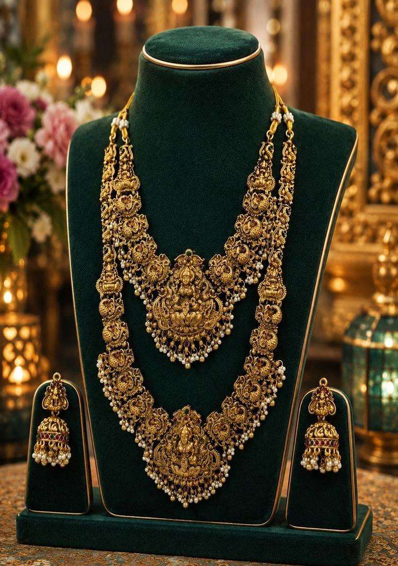 Gold-Plated Temple Necklace and Earrings with Pearl for Women | Traditional Temple Jewellery for Wedding & Festive Wear | Gift for Her - Indya