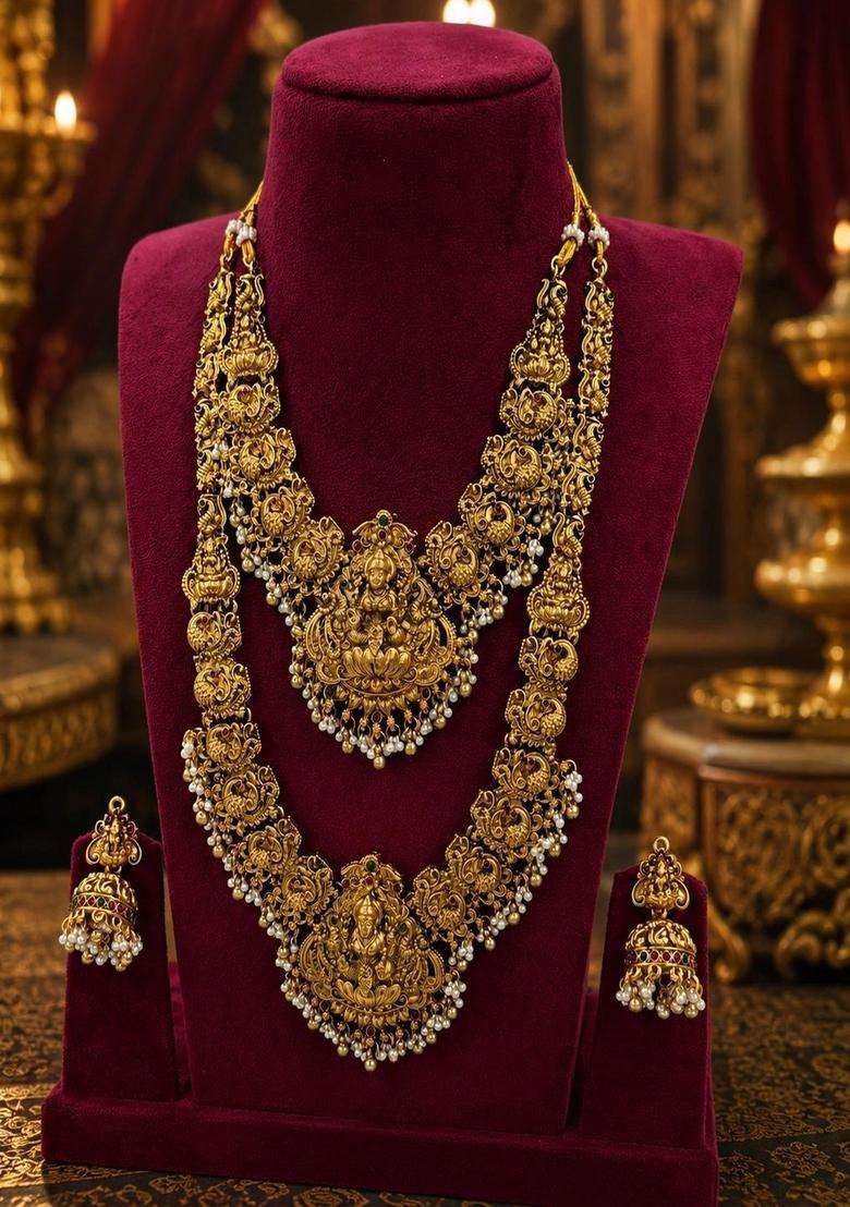 Gold-Plated Temple Necklace and Earrings with Pearl for Women | Traditional Temple Jewellery for Wedding & Festive Wear | Gift for Her - Indya