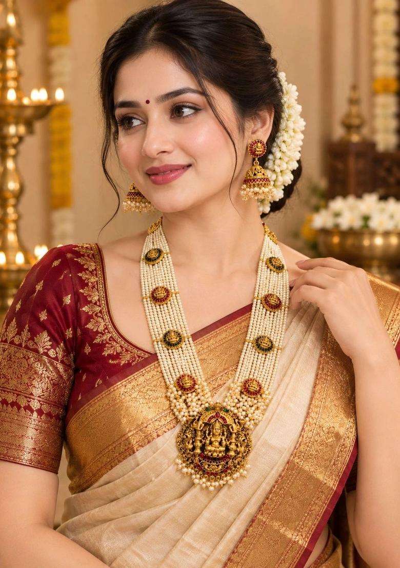 Gold-Plated Temple Necklace with Pearl for Women | Traditional Temple Jewellery for Wedding & Festive Wear | Gift for Her - Indya