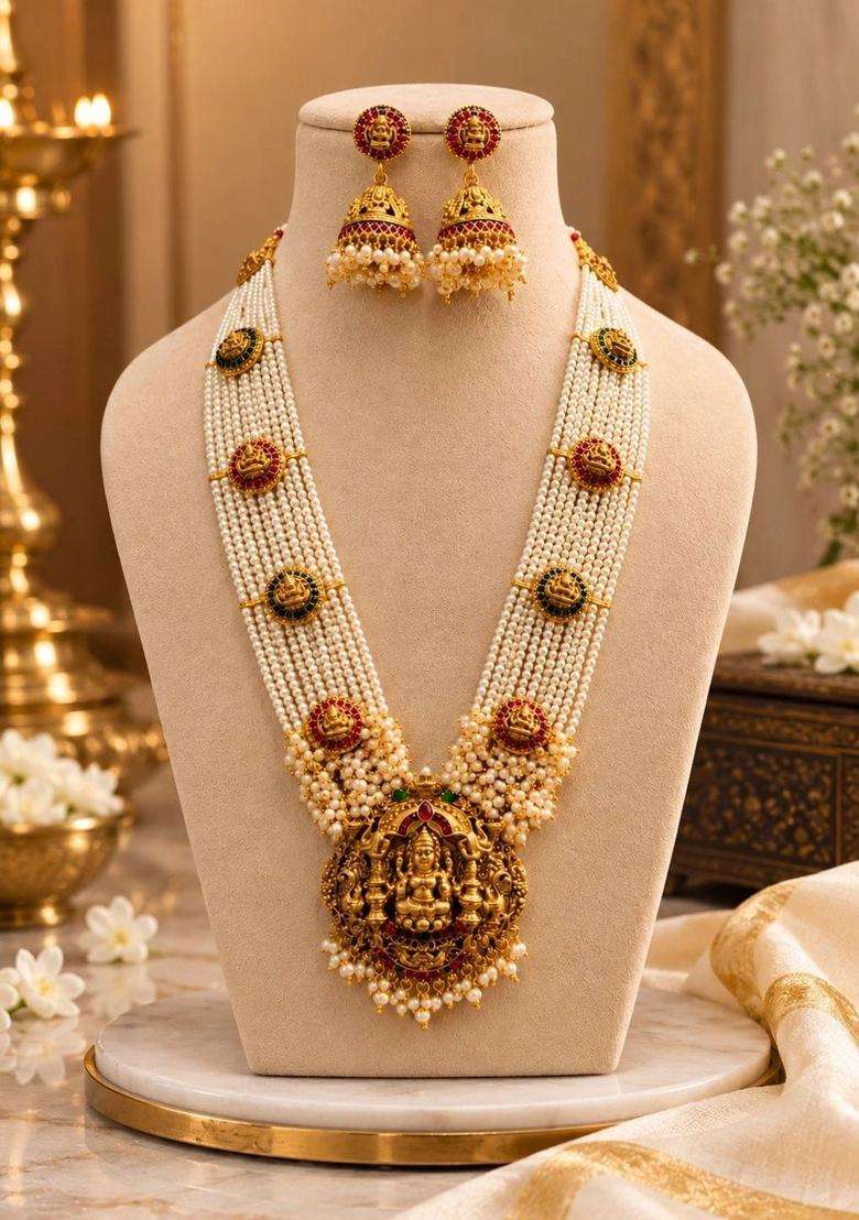 Gold-Plated Temple Necklace with Pearl for Women | Traditional Temple Jewellery for Wedding & Festive Wear | Gift for Her - Indya