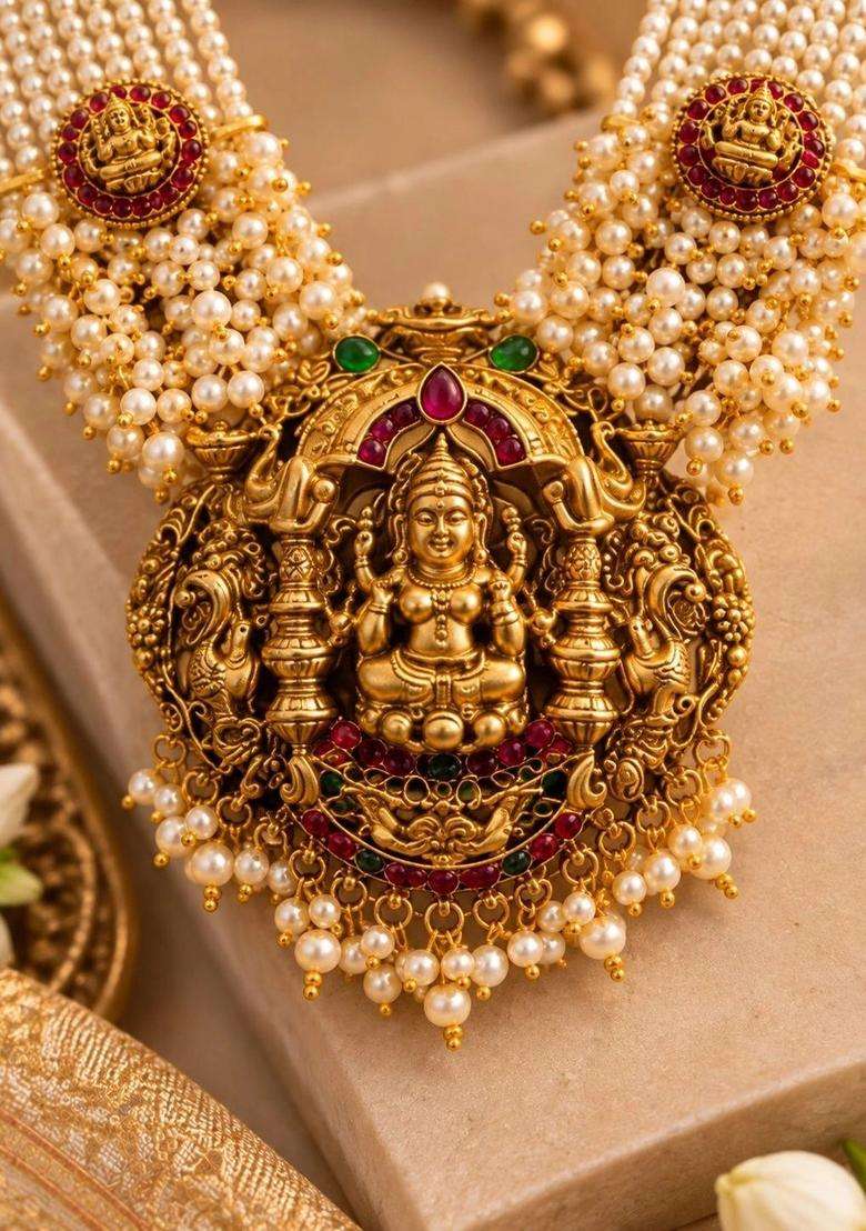 Gold-Plated Temple Necklace with Pearl for Women | Traditional Temple Jewellery for Wedding & Festive Wear | Gift for Her - Indya