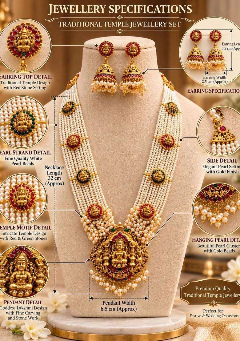 Gold-Plated Temple Necklace with Pearl for Women | Traditional Temple Jewellery for Wedding & Festive Wear | Gift for Her - Indya