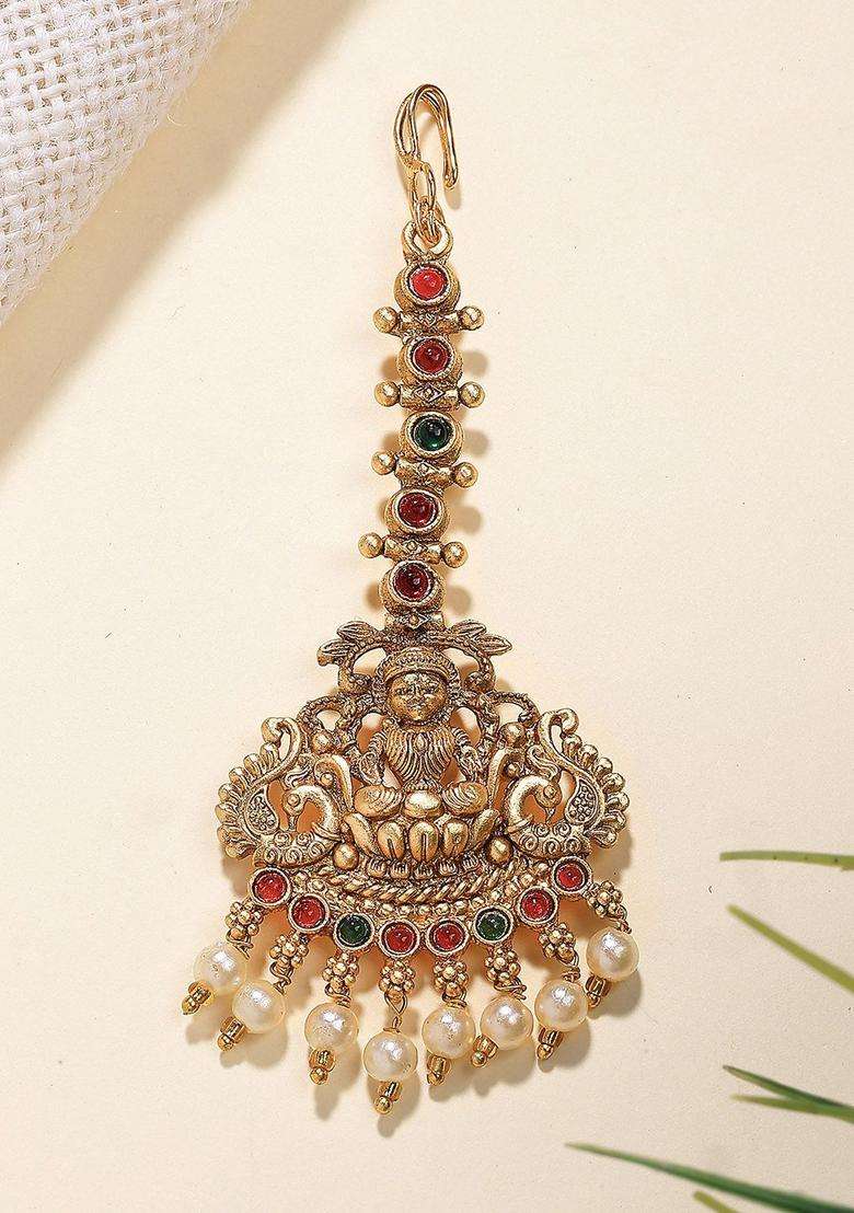 Gold-Plated Artificial Stones Studded & Beaded Laxmi Mata Maang Tikka for Women | Traditional Temple Jewellery for Wedding & Festive Wear | Gift for Her - Indya
