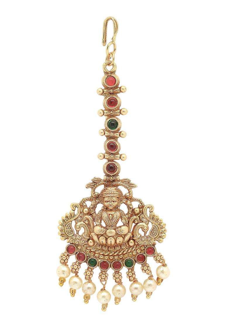Gold-Plated Artificial Stones Studded & Beaded Laxmi Mata Maang Tikka for Women | Traditional Temple Jewellery for Wedding & Festive Wear | Gift for Her - Indya