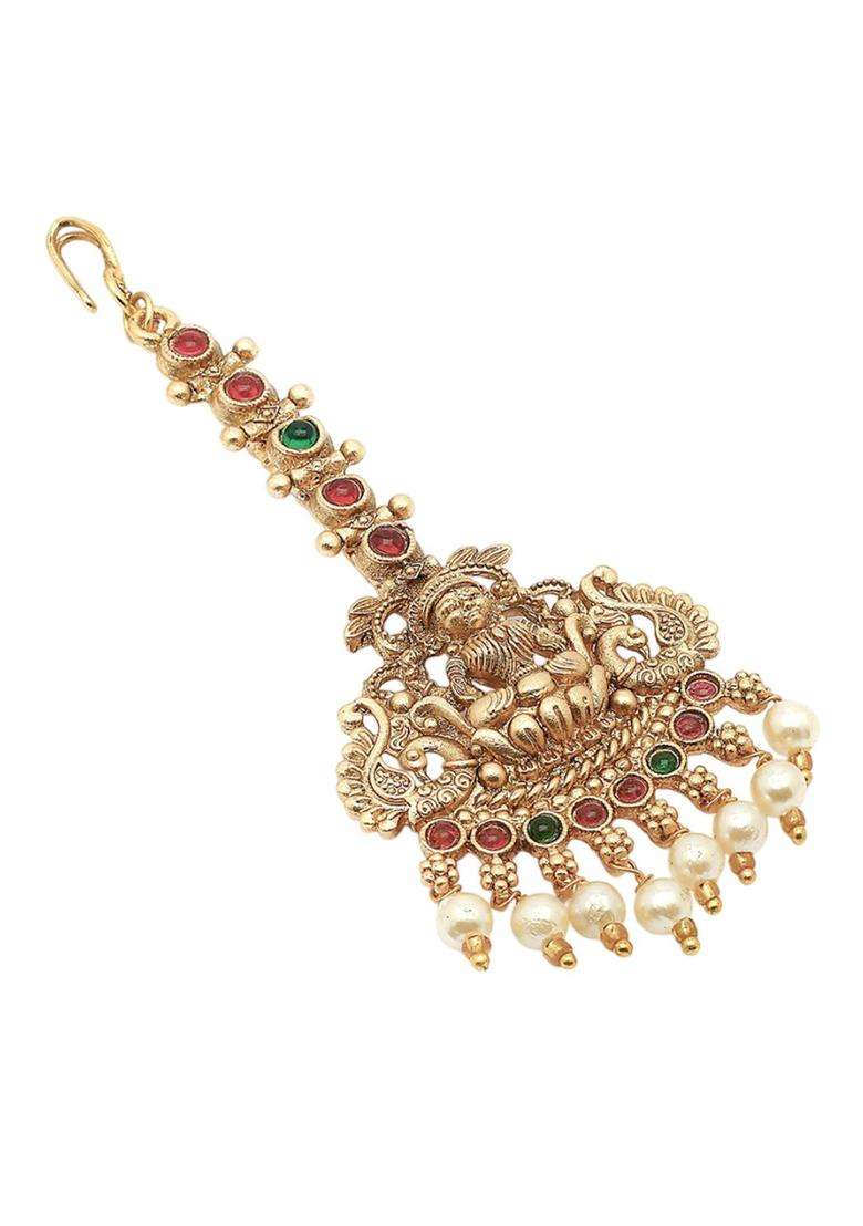 Gold-Plated Artificial Stones Studded & Beaded Laxmi Mata Maang Tikka for Women | Traditional Temple Jewellery for Wedding & Festive Wear | Gift for Her - Indya
