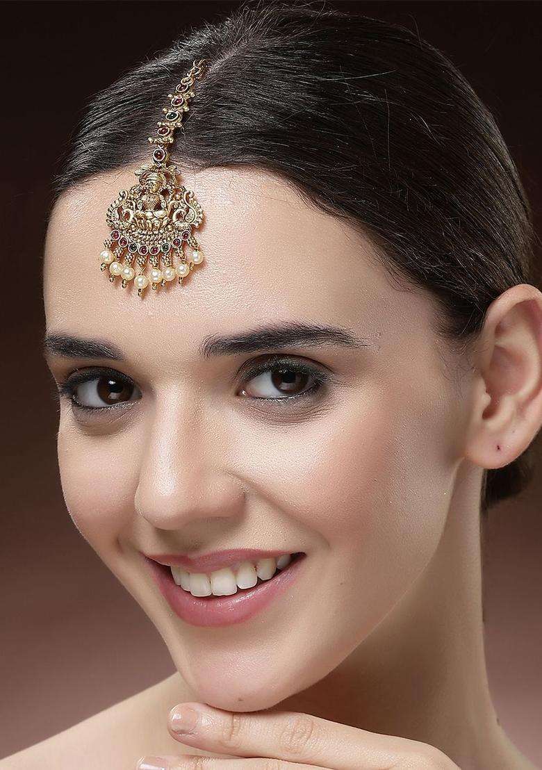 Gold-Plated Artificial Stones Studded & Beaded Laxmi Mata Maang Tikka for Women | Traditional Temple Jewellery for Wedding & Festive Wear | Gift for Her - Indya