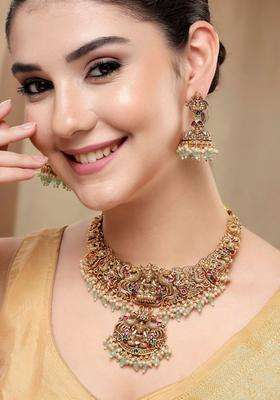 Gold-Plated Stone-Studded & Beaded Lakshmi Mata Temple Jewellery Set for Women | Traditional Temple Jewellery for Wedding & Festive Wear | Gift for Her