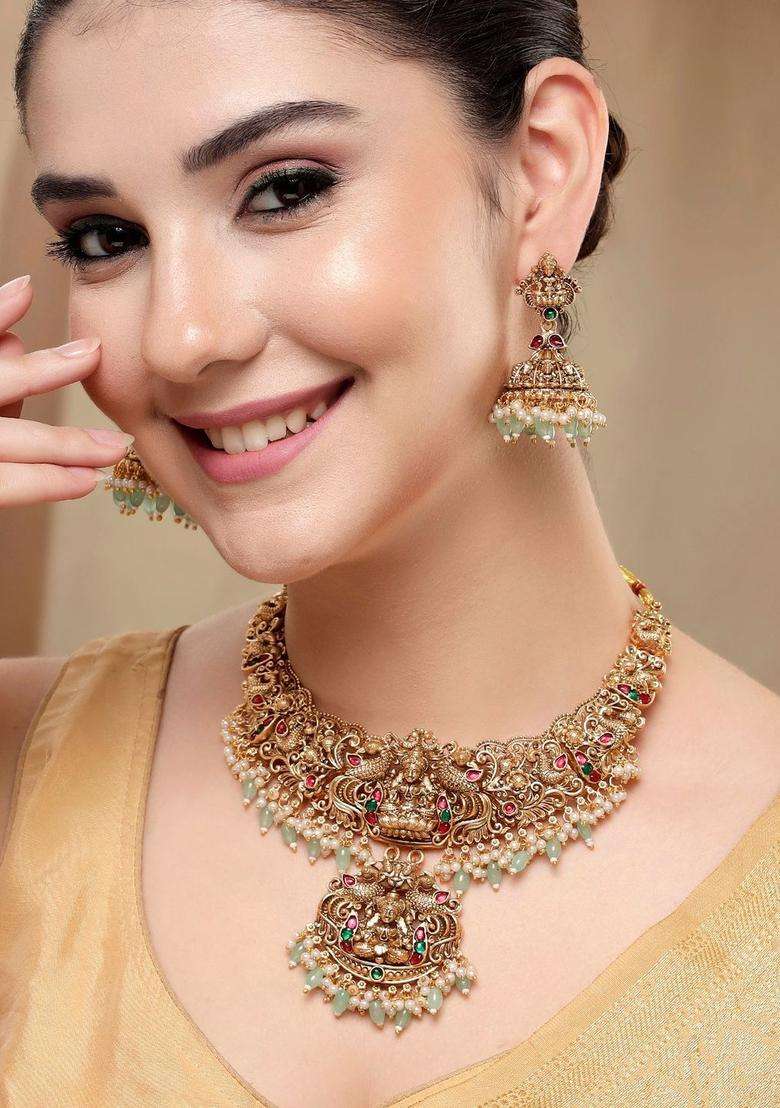 Gold-Plated Stone-Studded & Beaded Lakshmi Mata Temple Jewellery Set for Women | Traditional Temple Jewellery for Wedding & Festive Wear | Gift for Her - Indya