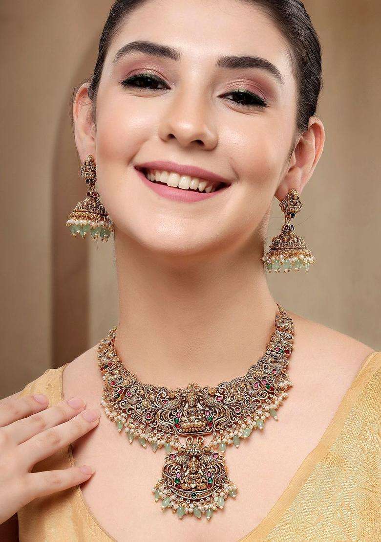 Gold-Plated Stone-Studded & Beaded Lakshmi Mata Temple Jewellery Set for Women | Traditional Temple Jewellery for Wedding & Festive Wear | Gift for Her - Indya